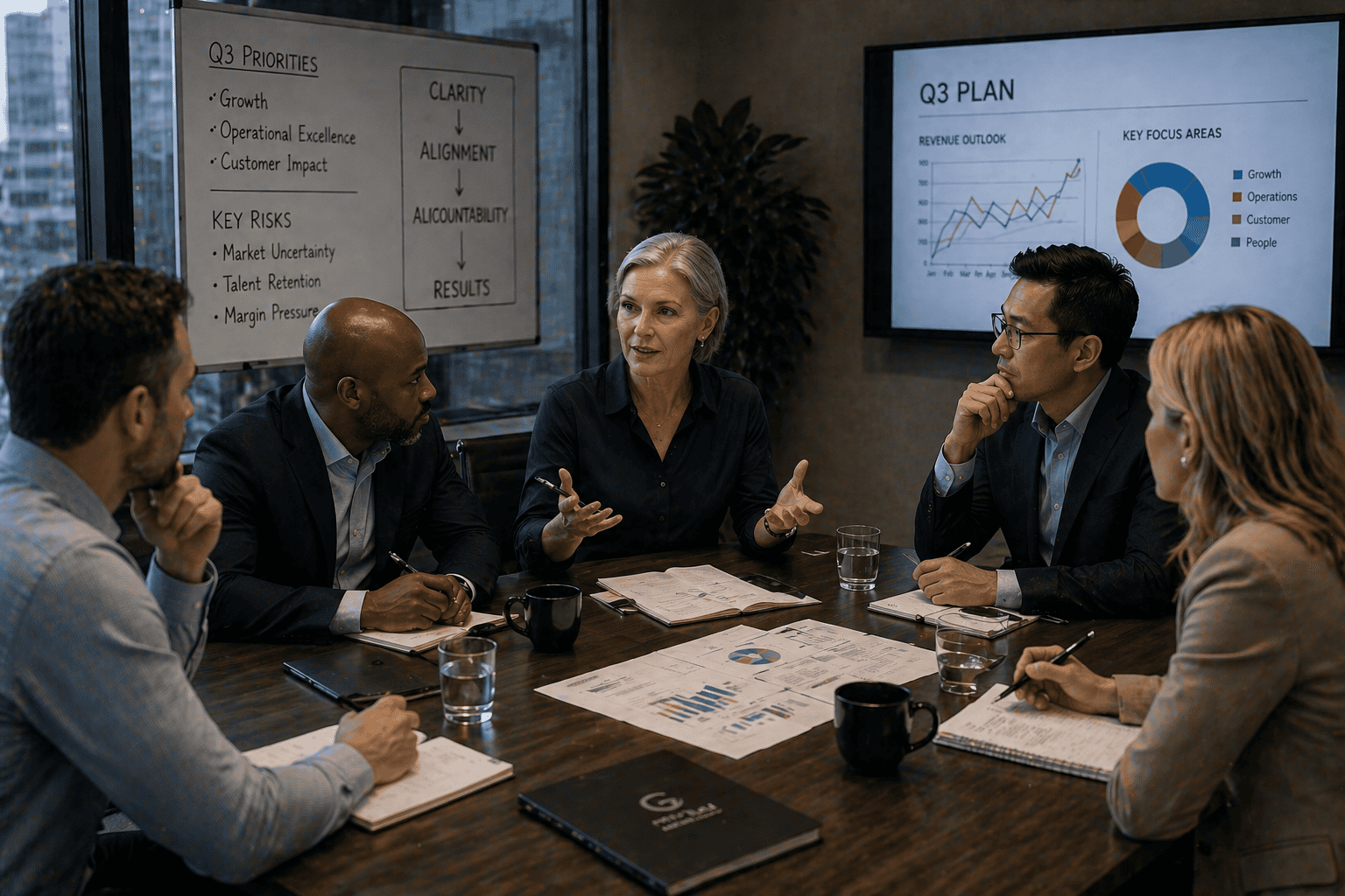 A diverse leadership team seated around a conference table in focused discussion, listening and engaging with one another in a calm, professional setting.