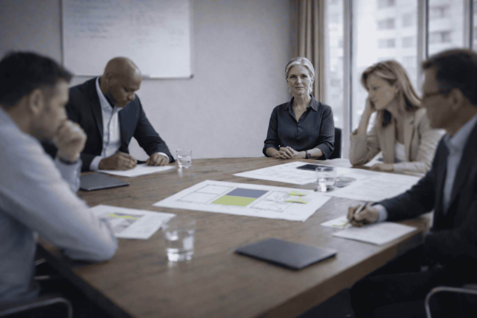 ocused businesswoman with gray hair sits at a conference table while other meeting participants are intentionally blurred in the foreground and background.
