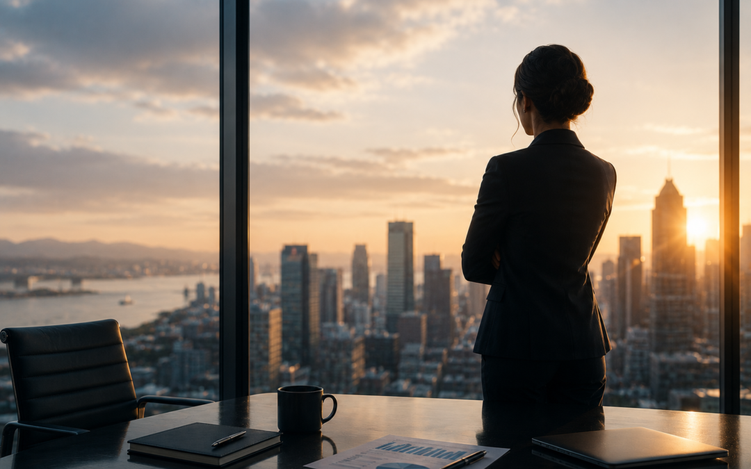 Senior female executive stands in a modern boardroom overlooking a city skyline at sunrise, reflecting on future growth, leadership, and strategic opportunity.