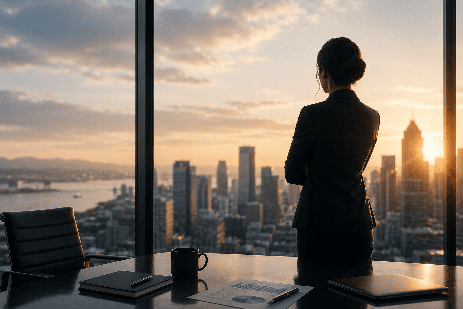 Senior female executive stands in a modern boardroom overlooking a city skyline at sunrise, reflecting on future growth, leadership, and strategic opportunity.