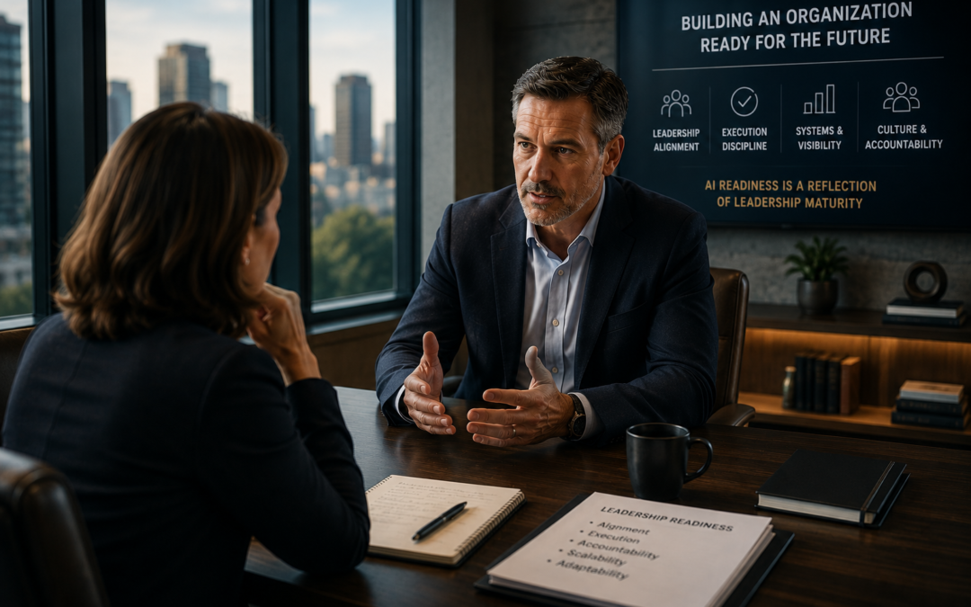 Executive coach and CEO engaged in a strategic leadership discussion in a modern boardroom, exploring organizational readiness, scalability, and future growth.