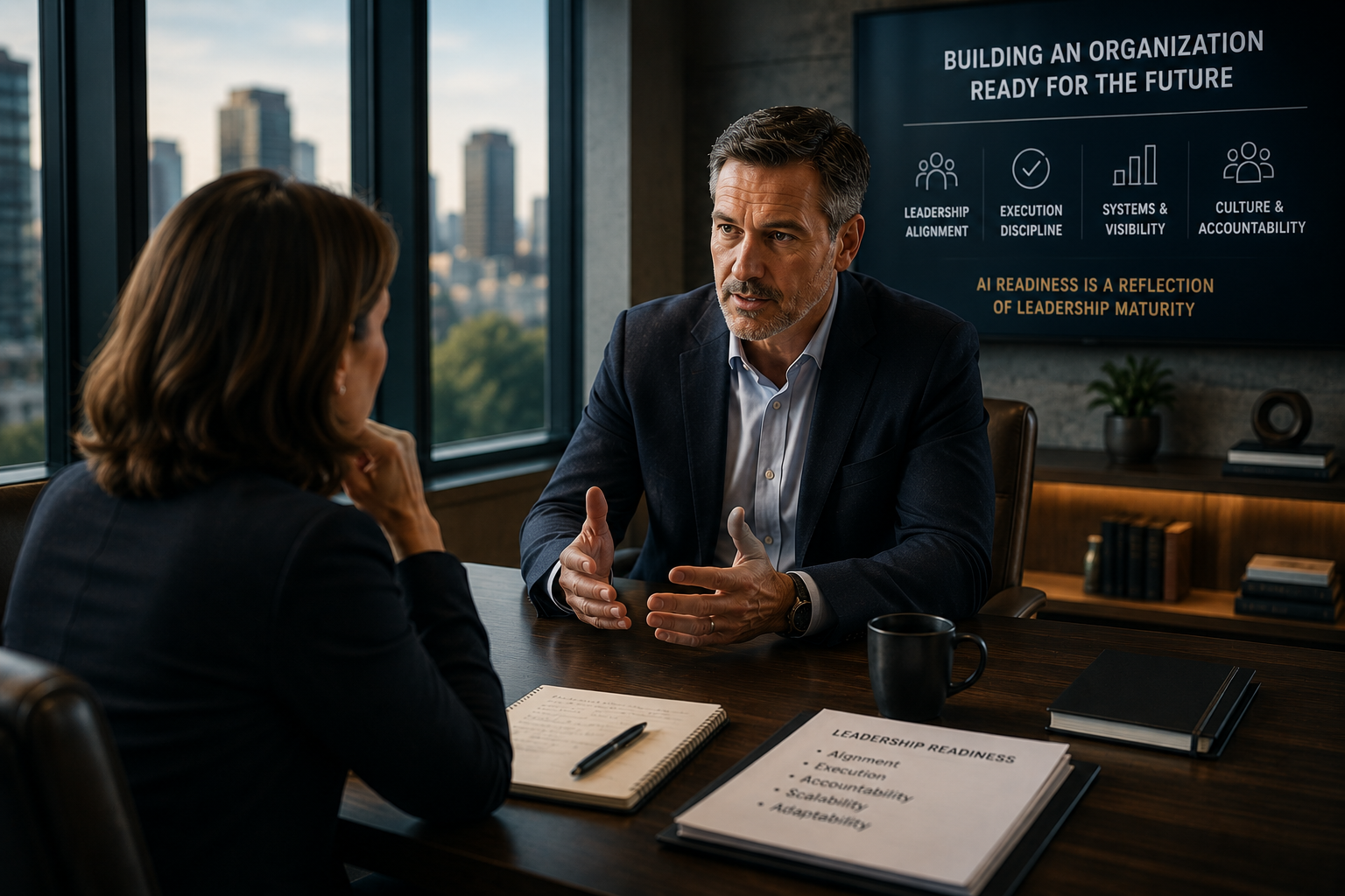 Executive coach and CEO engaged in a strategic leadership discussion in a modern boardroom, exploring organizational readiness, scalability, and future growth.