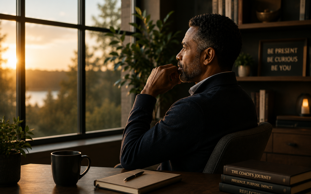 Coach sitting quietly by a window in thoughtful reflection before a coaching session, representing the inner work, presence, and self-awareness that shape transformational coaching.