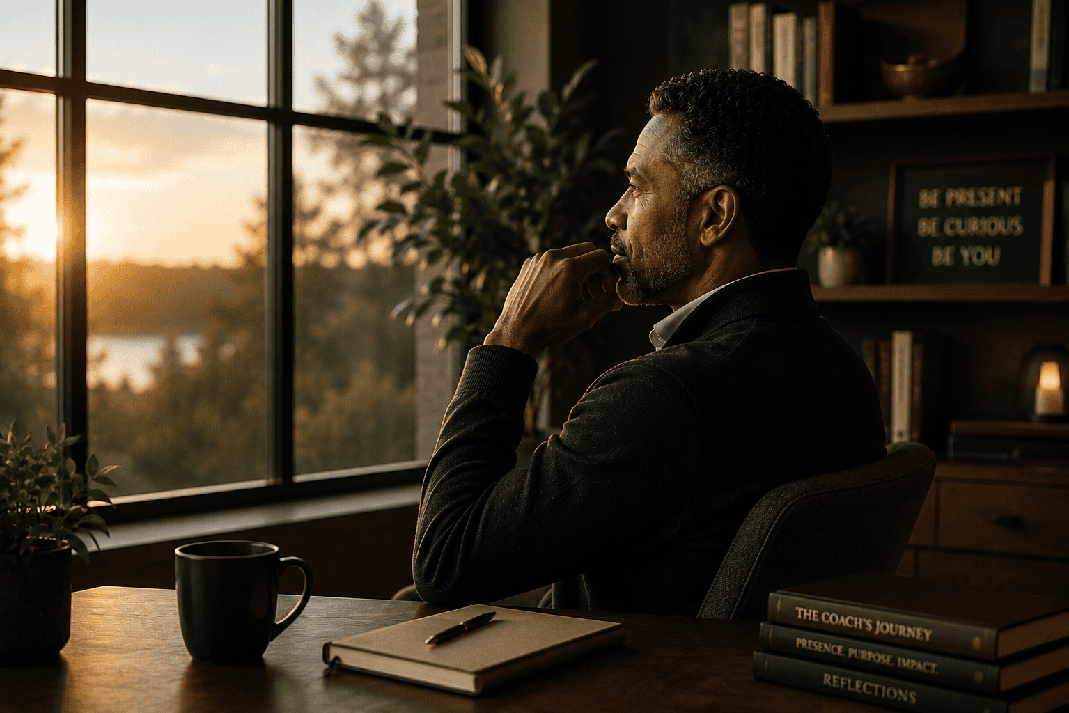 Coach sitting quietly by a window in thoughtful reflection before a coaching session, representing the inner work, presence, and self-awareness that shape transformational coaching.