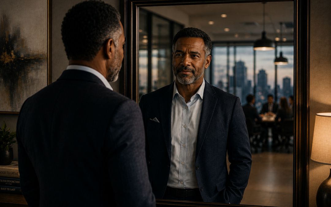 Business leader looking at his reflection in a mirror, symbolizing personal growth, self-awareness, and leadership development.