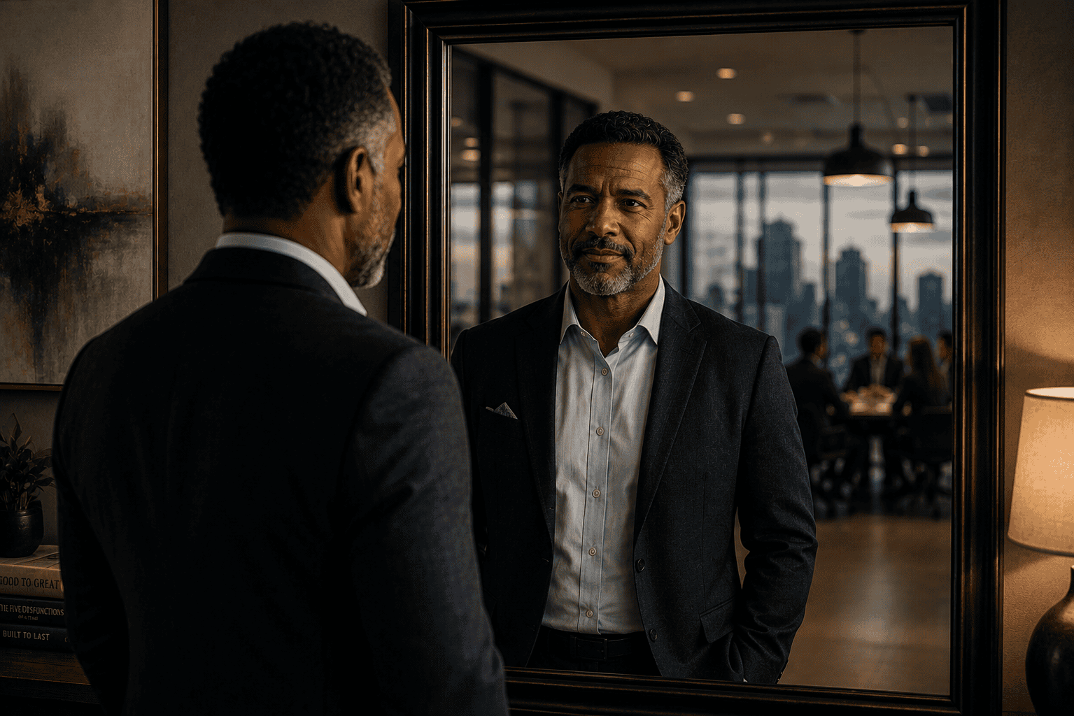 Business leader looking at his reflection in a mirror, symbolizing personal growth, self-awareness, and leadership development.