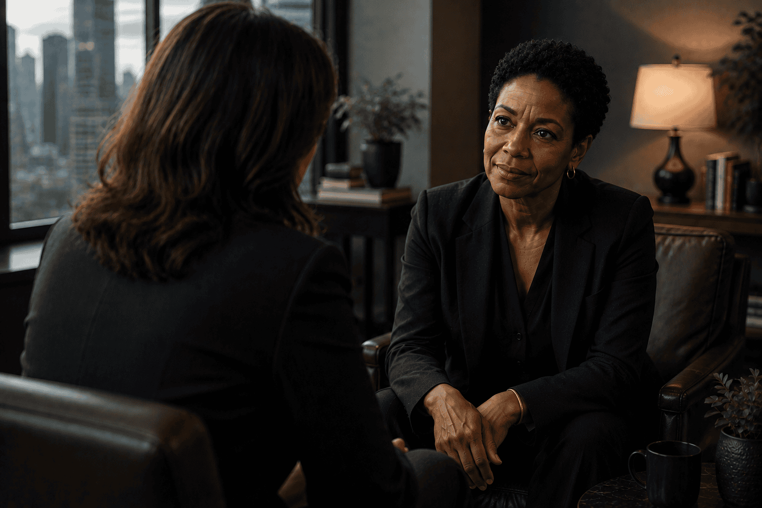 Two experienced women in a thoughtful one-on-one conversation, reflecting the importance of outside perspective and trusted feedback.