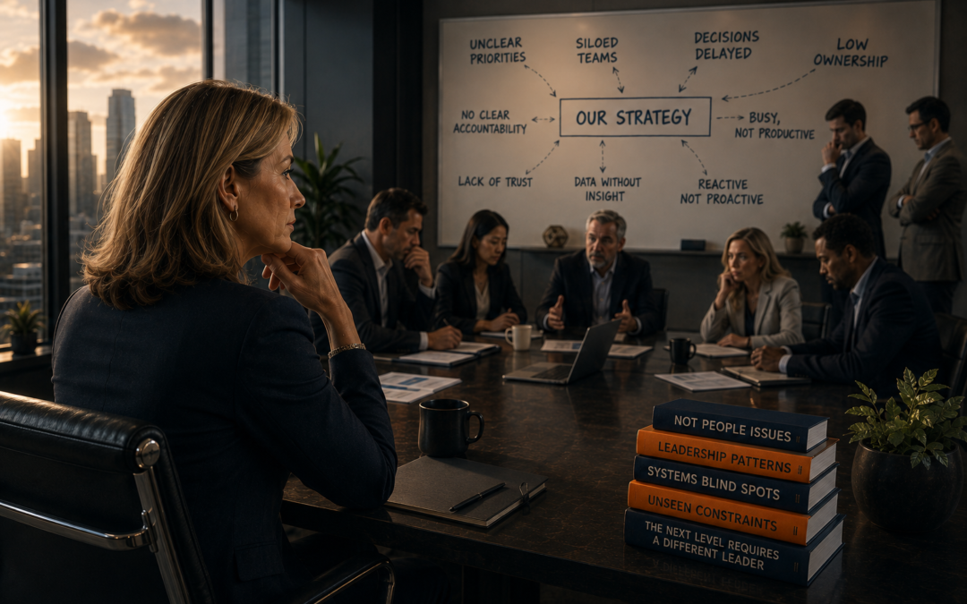 Female CEO sits with her leadership team in a boardroom as organizational challenges and leadership blind spots are mapped behind them.