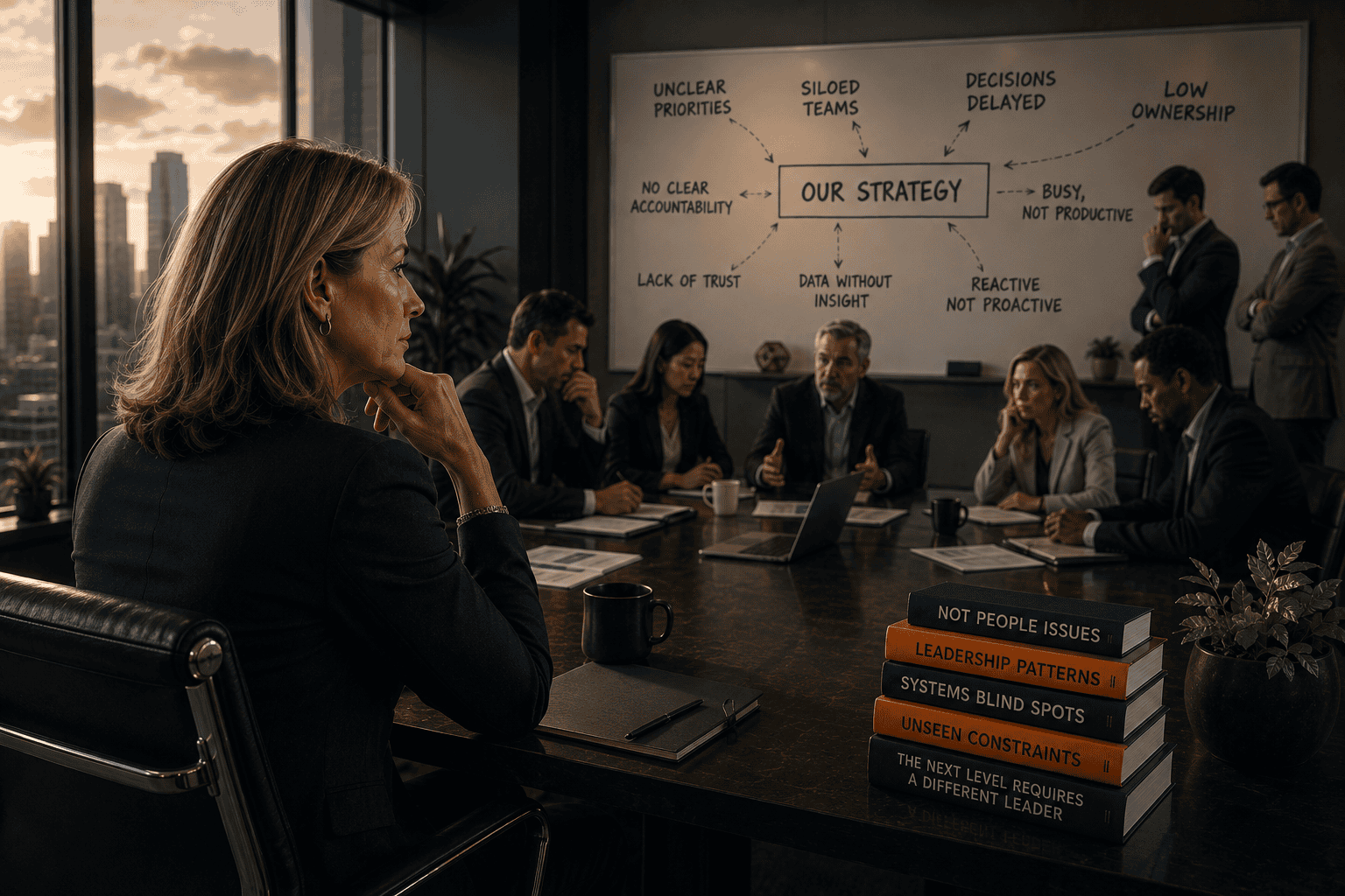 Female CEO sits with her leadership team in a boardroom as organizational challenges and leadership blind spots are mapped behind them.